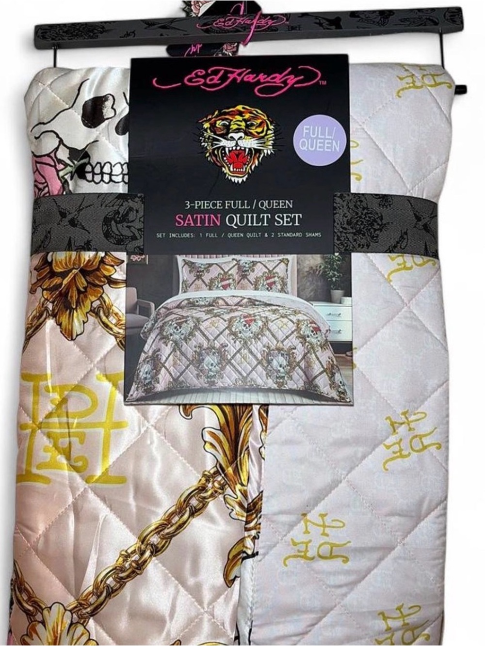 Ed Hardy Satin Quilt Set in Pink and Gold Accents